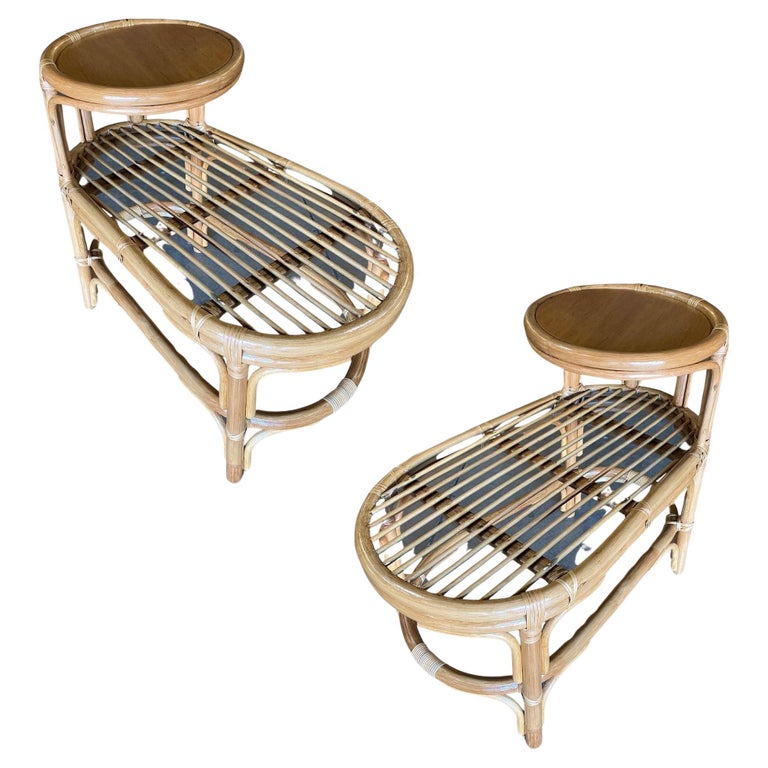 Restored Single Strand Rattan Side Table W/ Grill Top, Pair