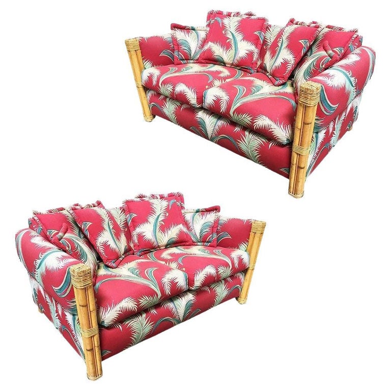 Restored "Big King" Plush Over Stuffed Rattan Settee Sofa W/ 4 Strand Arms, Pair