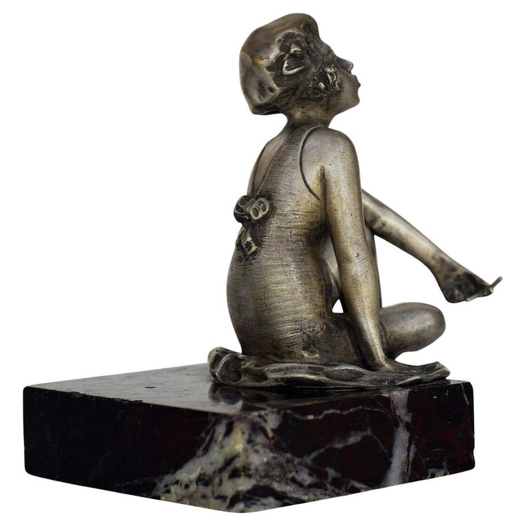 Art Deco Nickel Plate Smoking Flapper on Marble Base