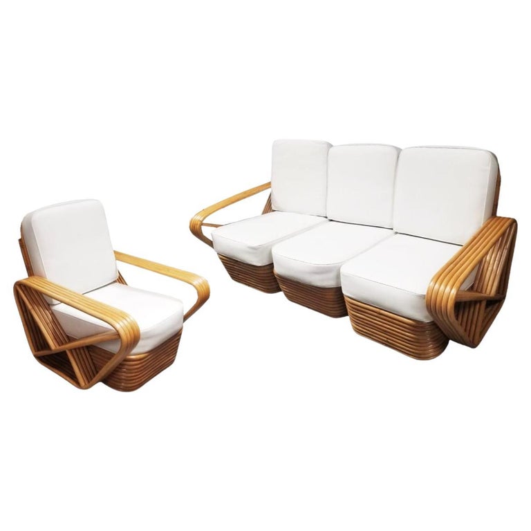 Restored MCM Rattan Five Strand Square Pretzel Sofa, Lounge Chair Livingroom Set