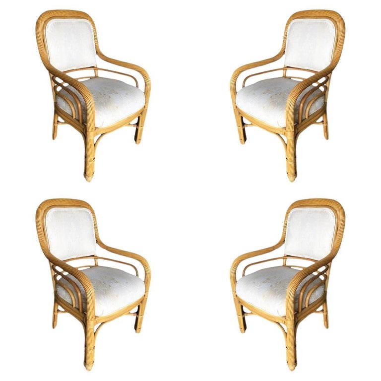 Restored Rattan Dining Armchair W/ Twisted Rattan Arms, Set of 4