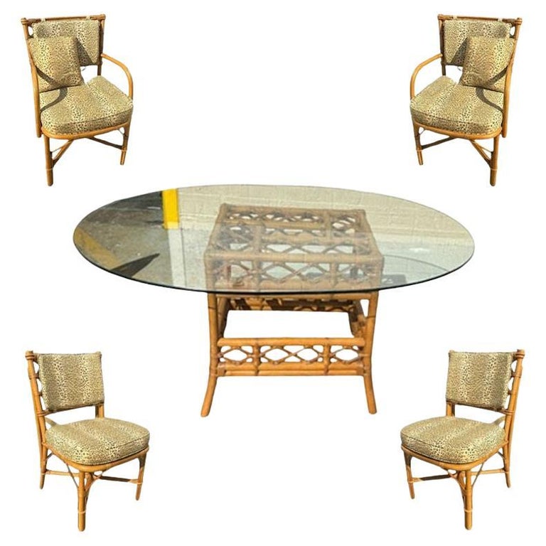 Restored Mid-century Rattan Dining Table & Chairs w/ Leopard Print Cushions