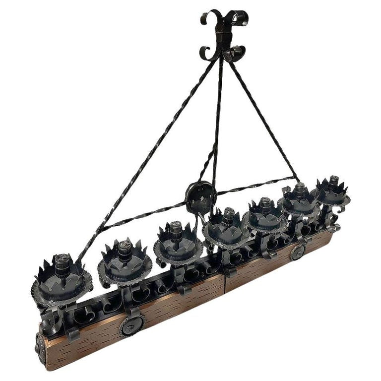 Spanish Revival Wrought Iron 7-Light Wood Beam Grand Wall Sconce, 2 Available