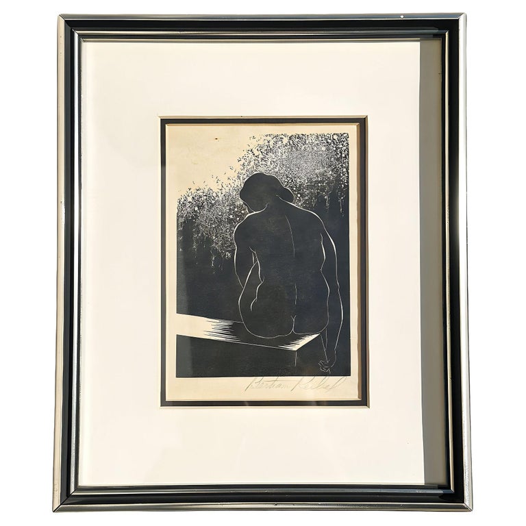 Untitled Nude Female Portrait Wood Block Print by Reibel Bertram, Framed