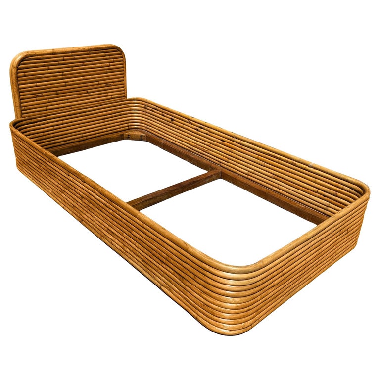 Restored Art Deco Stacked Rattan Bed Twin Size Bed Frame &Headboard, 2 Available