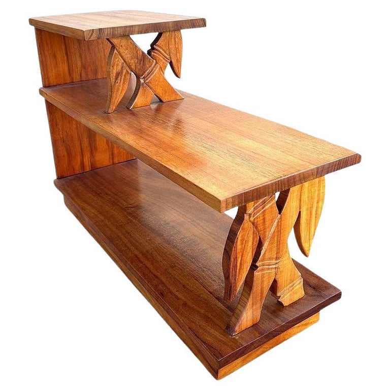 Restored Hand Carved Koa Wood 3 Tiered Side Lamp Table w/ Bamboo Motif