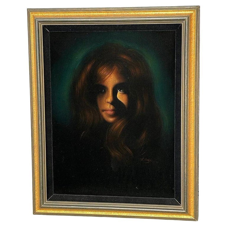 Framed Mid-century Hand Painted Oil on Velvet Female Portrait, Signed Cohen