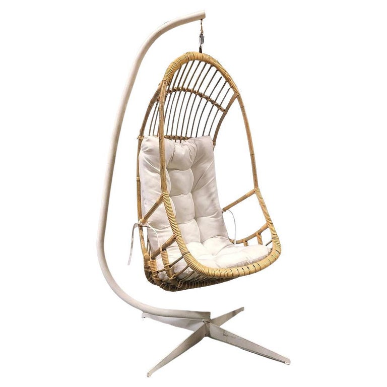 Restored Mid-century Rattan & Wicker Hanging Cocoon Egg Chair w/ Stand
