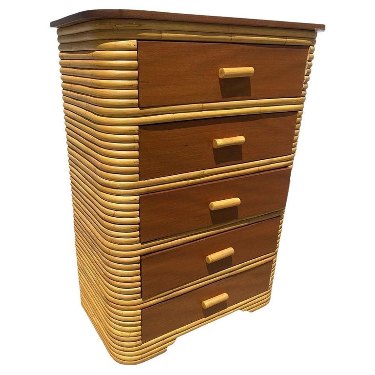 Restored Art Deco Stacked Rattan Highboy Dresser w/ Mahogany