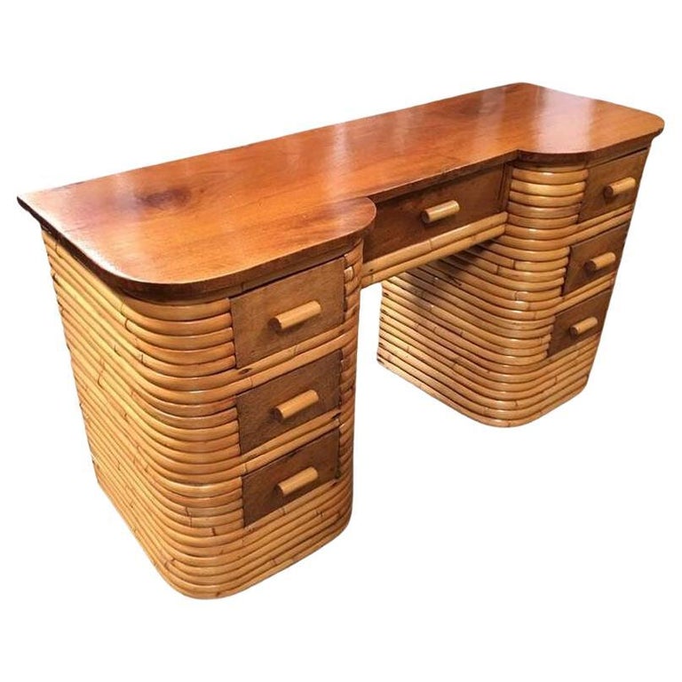 Restored Art Deco Stacked Rattan Secretary Desk w/ Mahogany Top
