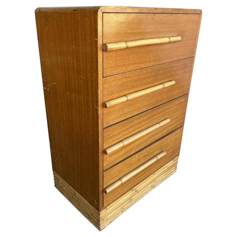 Restored Mid-century Waterfall Highboy Mahogany Dresser W/ Stacked Rattan Base