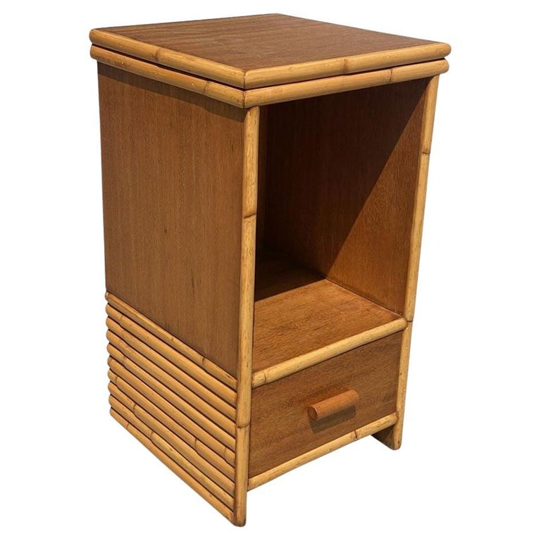 Restored Mid-century Single Drawer Stacked Rattan & Koa Wood Bedside Table