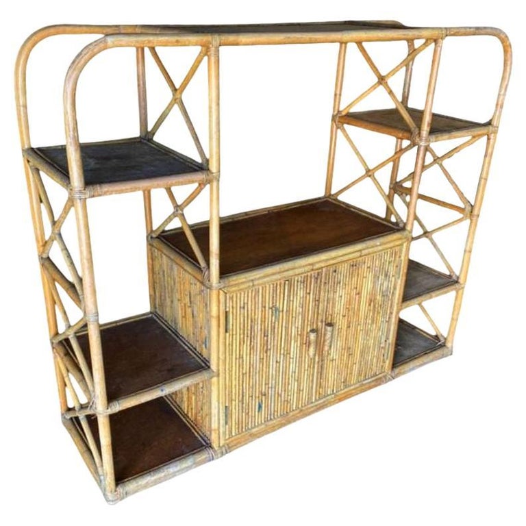 Restored Rattan Seven-Tier Display Shelf Wall Etagere Unit w/ Cabinet