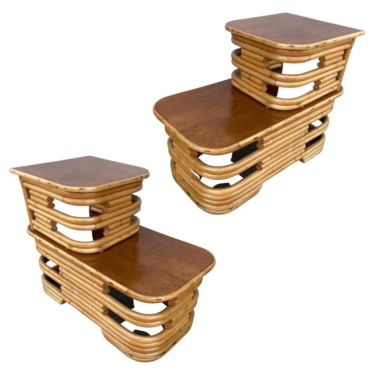 Restored Two-Tier Stacked Rattan Side Table with Mahogany Tops, Pair