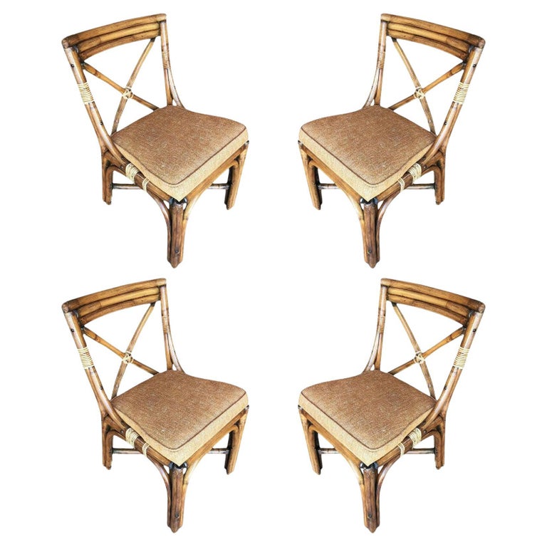 Restored Mid-Century Rattan Dining Side Chairs W/ "X" Back, Set of 4