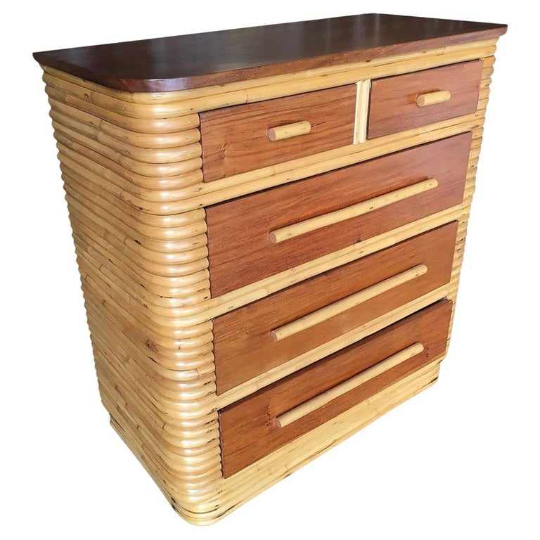 Restored Art Deco Highboy Stacked Rattan and Mahogany Dresser