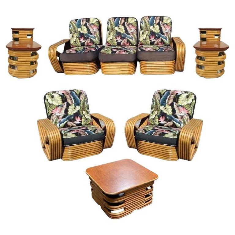 Restored 6-Strand Square Pretzel Rattan Lounge Chair, Sofa Livingroom Set