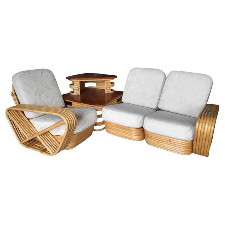 Restored MCM 6-Strand Square Pretzel 3 Seat Rattan Corner Sofa w/ Table