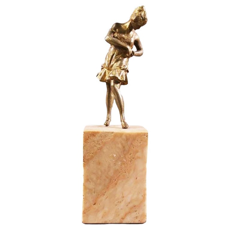 Brass Art Deco Flapper Girl Sculpture on Peach Marble Obelisk