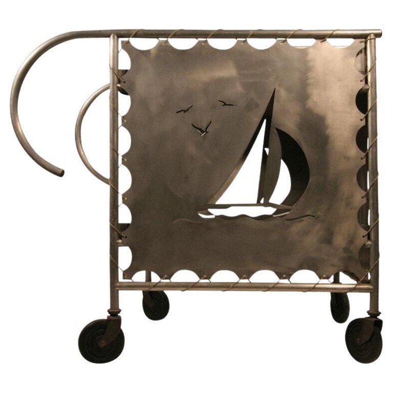 Mid-Century Aluminum Nautically Themed Bar Cart w/ Sailboat Cutouts, 2 Available