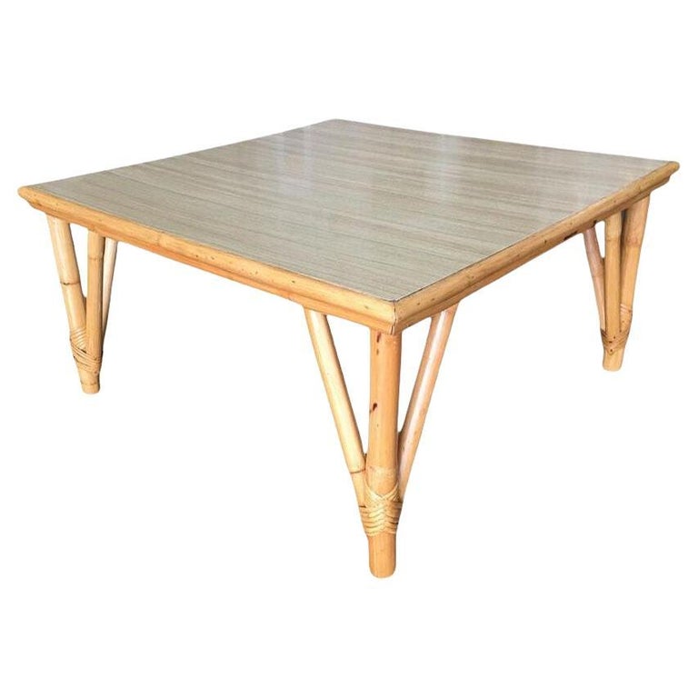 Restored Mid-century Large Square Rattan Coffee Table With Formica Top