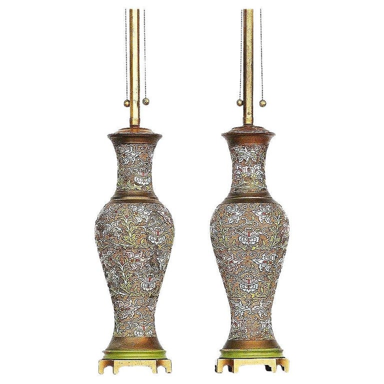 Arts & Craft Chinese Bronze Cloisonné Enamel Vase Lamp by Mimi London, Pair
