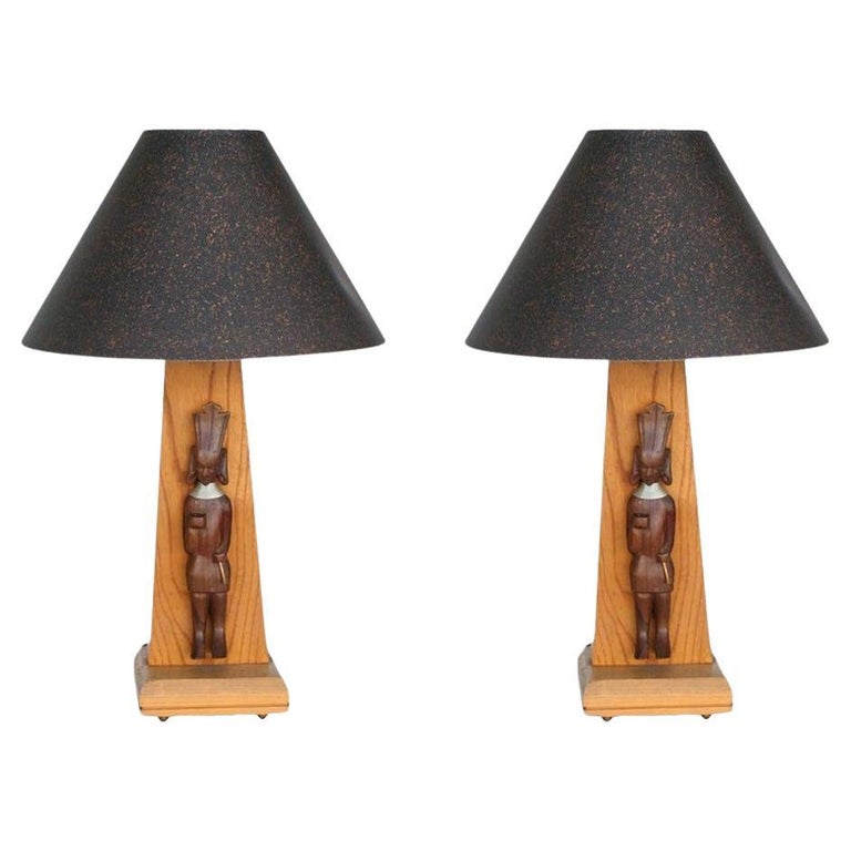 Mid-Century Table Lamps w/ African Hand Carved Kenyan Carvings Sculpture, Pair