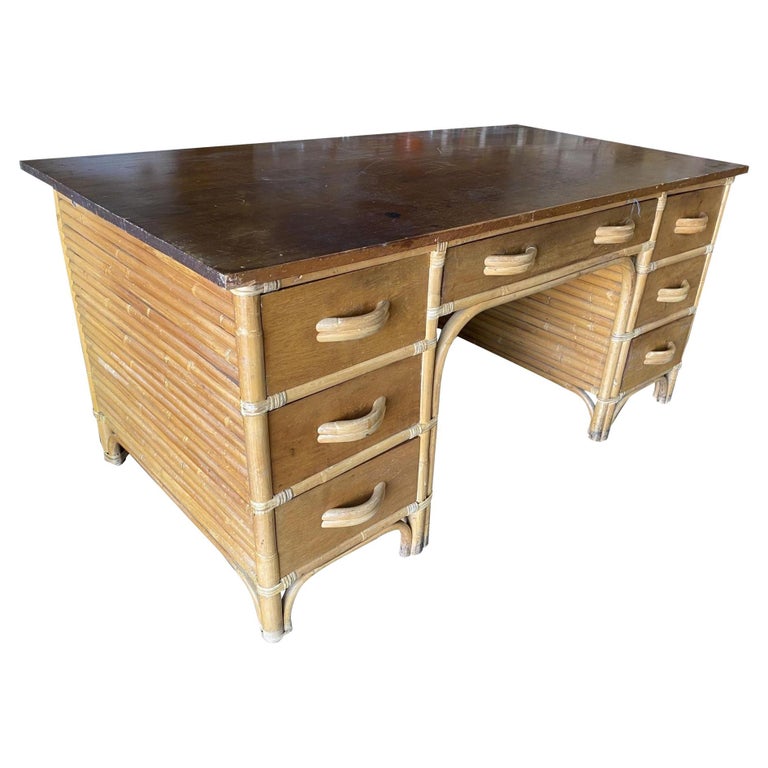Restored Mid-century Stacked Rattan Executive Desk W/ Solid Mahogany Top