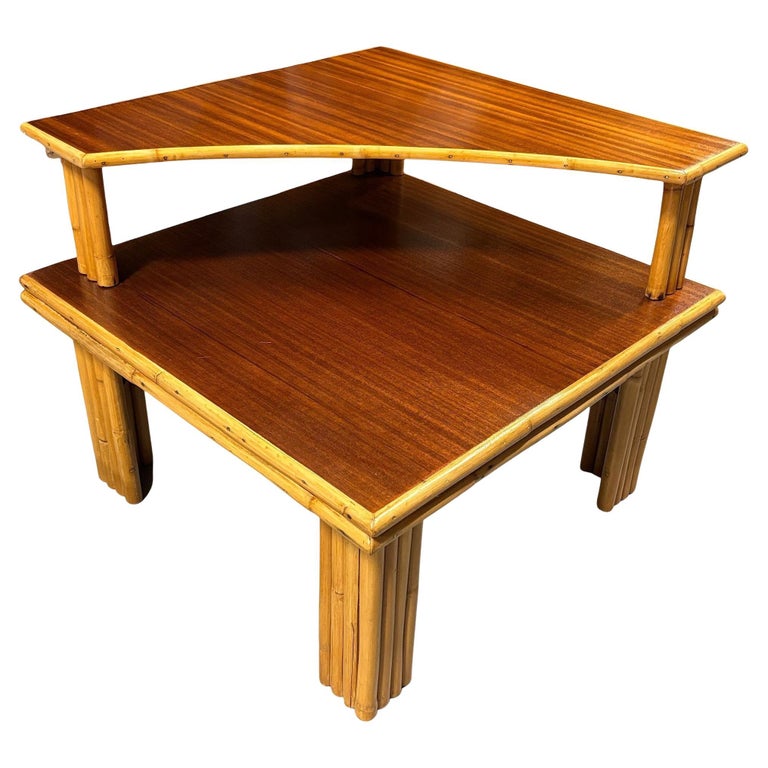 Restored Mid-century Stacked Rattan & Mahogany Two-Tiered Corner Side Table