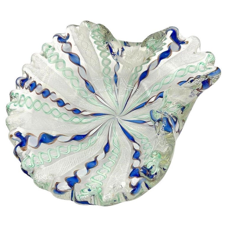 MCM Zanfircio Murano Art Glass Shell Dish Green Latticino Ribbons by Salviati