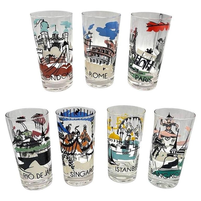 Set of 7 MCM Barware Highball "Cities Of The World" Drinking Glasses