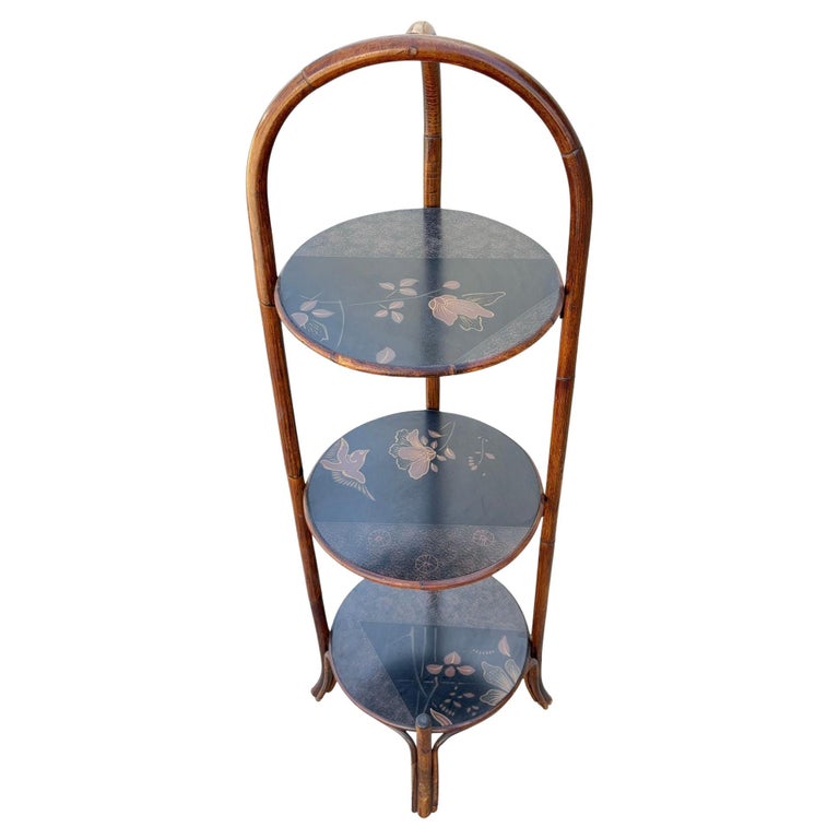 Costal Three Tiered Dark Stained Rattan Shelf w East Asian Motif Tops