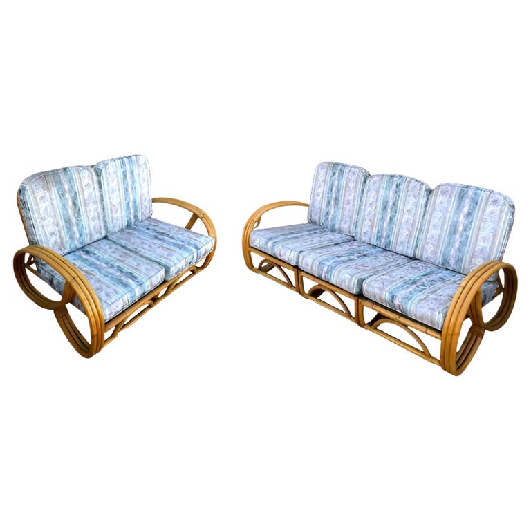 Restored MCM 3-Strand 3/4 Pretzel Arm Rattan Sofa & Settee Living Room Set