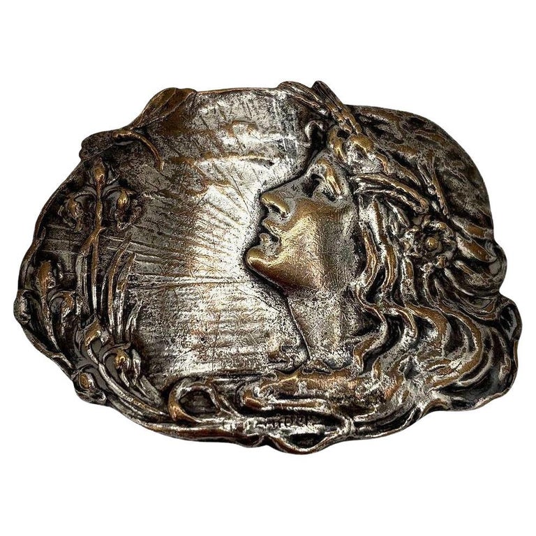 Vintage Art Nouveau Silver Plated Brass Female Portrait Belt Buckle