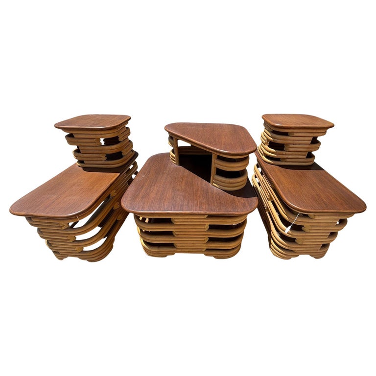 Mid-Century Two-Tier Stacked Rattan & Mahogany Coastal Side & Corner Table Set
