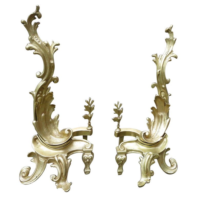 Late Victorian Italian Brass Rococo Style Fireplace Andirons