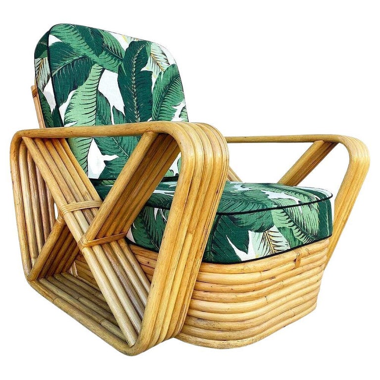 Restored MCM Paul T Frankl Style Rattan 5-Strand Square Pretzel Lounge Chair