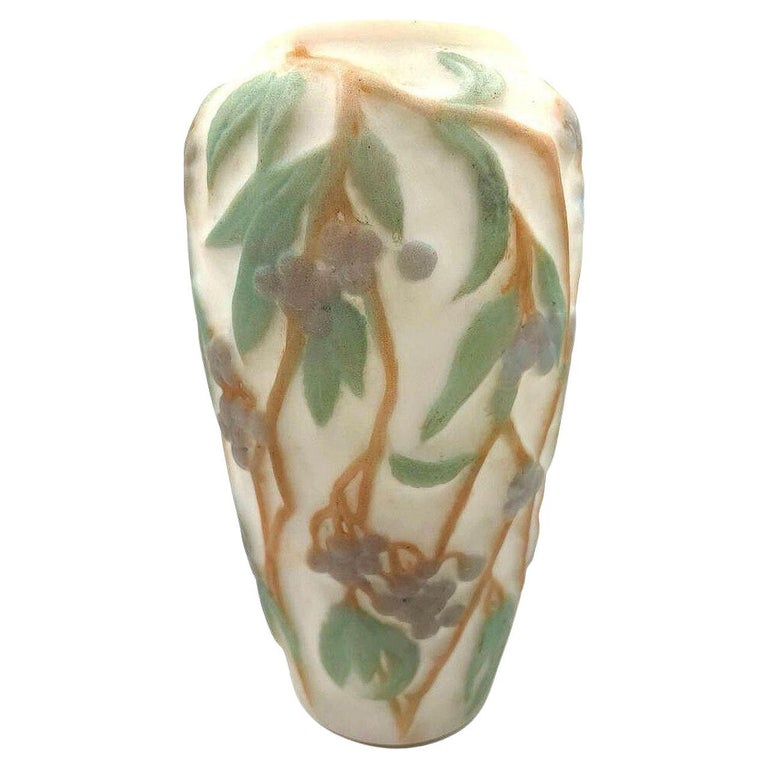 1924 Phoenix Consolidated Satin Glass Lamp Vase Base With Grape Leaves Floral