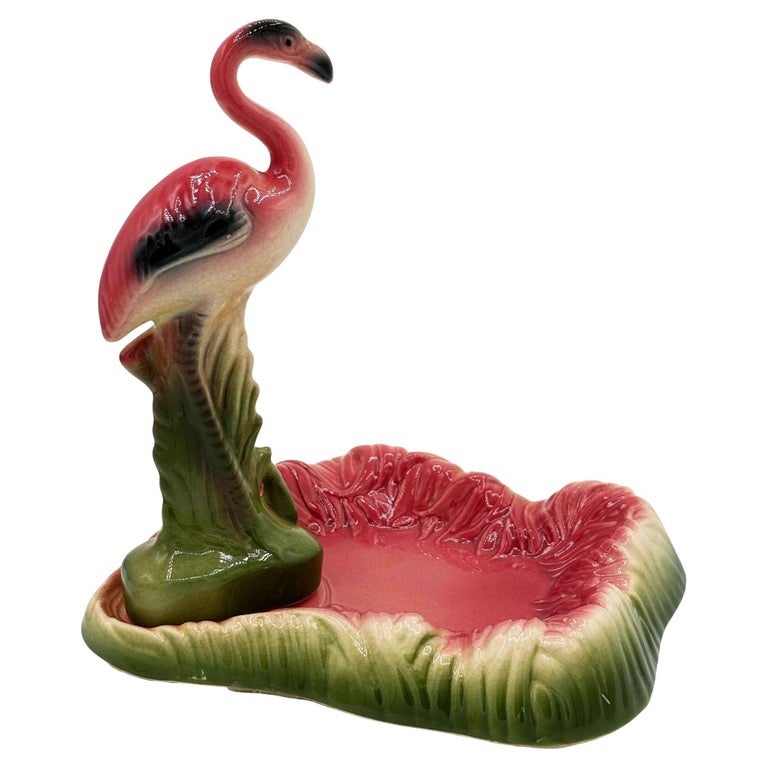 Mid Century Pink and Green Flamingo Ceramic Figurine in Flamingo Pool Ring Tray