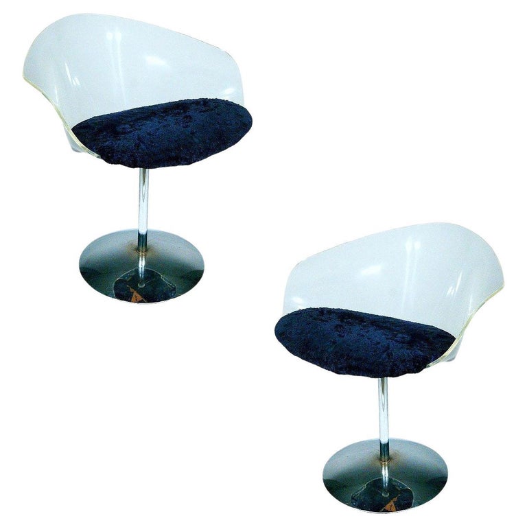 1970 Estelle Laverne Inspired Lucite & Chrome Swivel Tulip Chairs, Pair