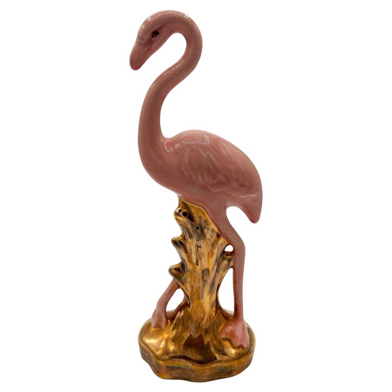 Mid-century Ceramic Fancy Bird Pink & Gold Flamingo Tabletop Statue