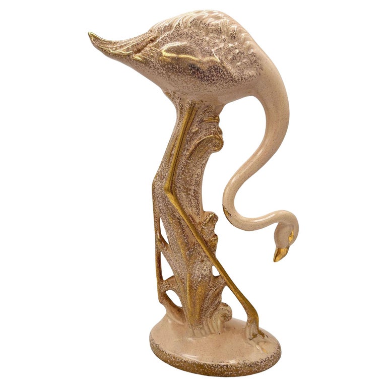 13" Tall Pottery Ceramic Beige Long-legged Flamingo Figurine, 1970