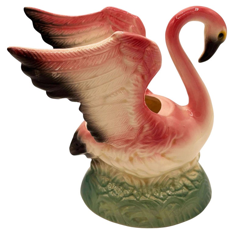 Mid-century California Pottery Ceramic Pink Flamingo Table Planter w/ Light Base