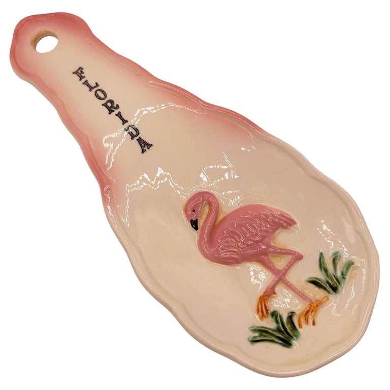 Mid-century Hand Painted 3d Flamingo Florida Tropical Beach Themed Spoon Rest
