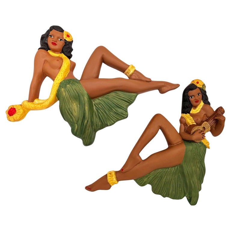 Hawaiian Art Pottery Nude Pin-up Yellow Hula Girl Wall Sculpture, Pair