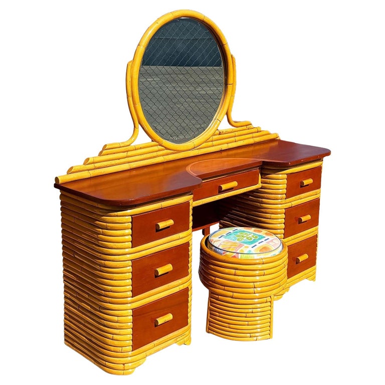 Restored Art Deco Frankl Style Stacked Rattan Vanity w/ Round Mirror & Stool