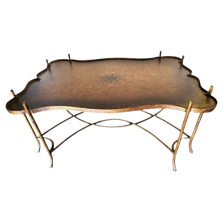 Maitland Smith Gilded Iron Faux Bois Tray Top Statement Tole Cocktail Table