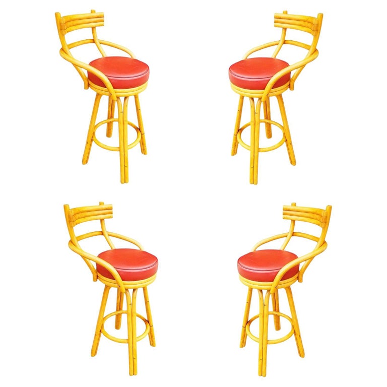Restored Mid-century Rattan Stacked Bar Swivel Stools w/ Red Seat , Set of 4