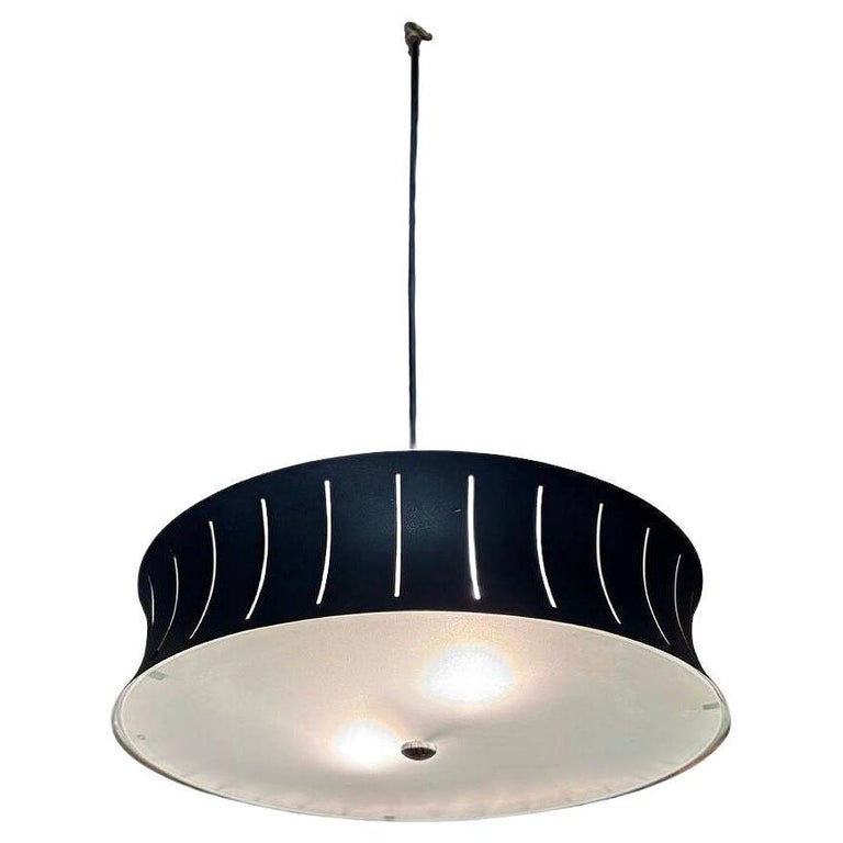 Restored Mid-Century Googie Drum Pendent Black and White Chandelier Lighting