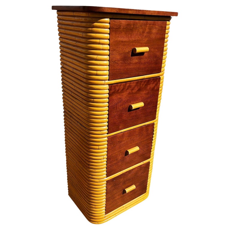 Restored Paul Frankl Style Stacked Rattan & Mahogany Petite Chest of 4 Drawers